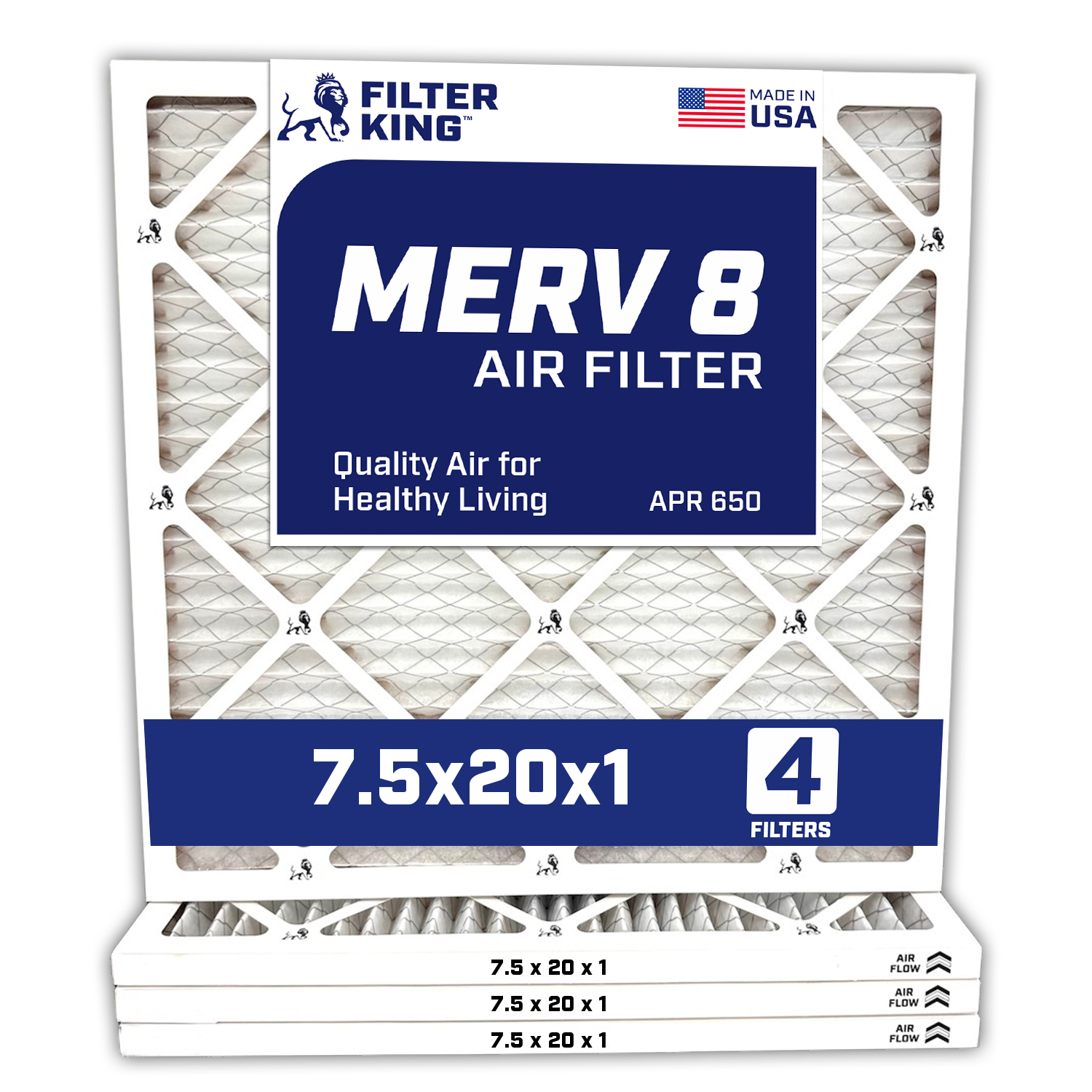 Filter King 7.5x20x1 Air Filter 4-PACK MERV 8 Actual Size 7.5 x 20 x .75″